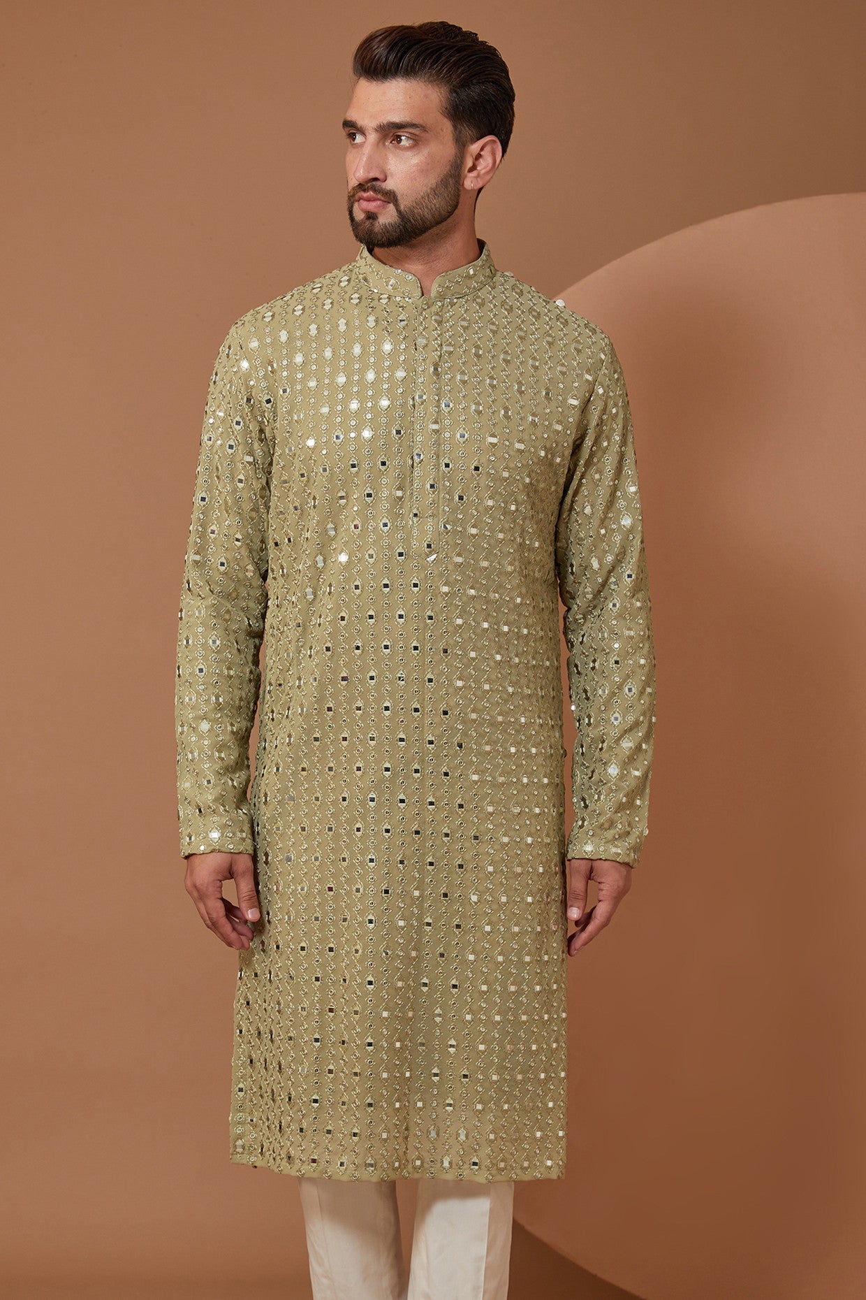 Light Mehndi Green Mirrorwork Kurta - kasbahmen