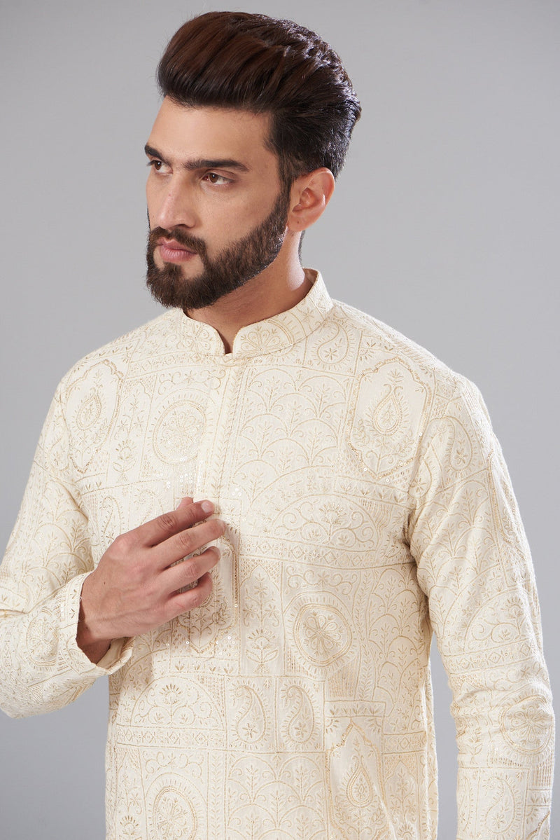 ivory kalmkari thread work kurta