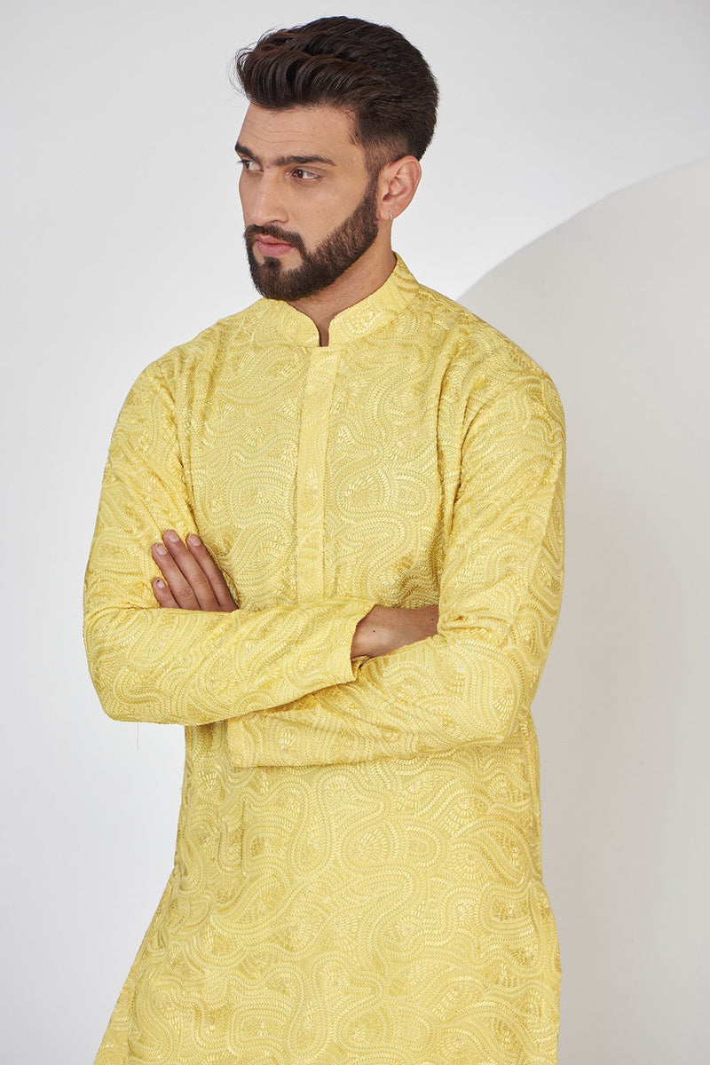 Yellow Chikankari Kurta with Intricate Threadwork - kasbahmen