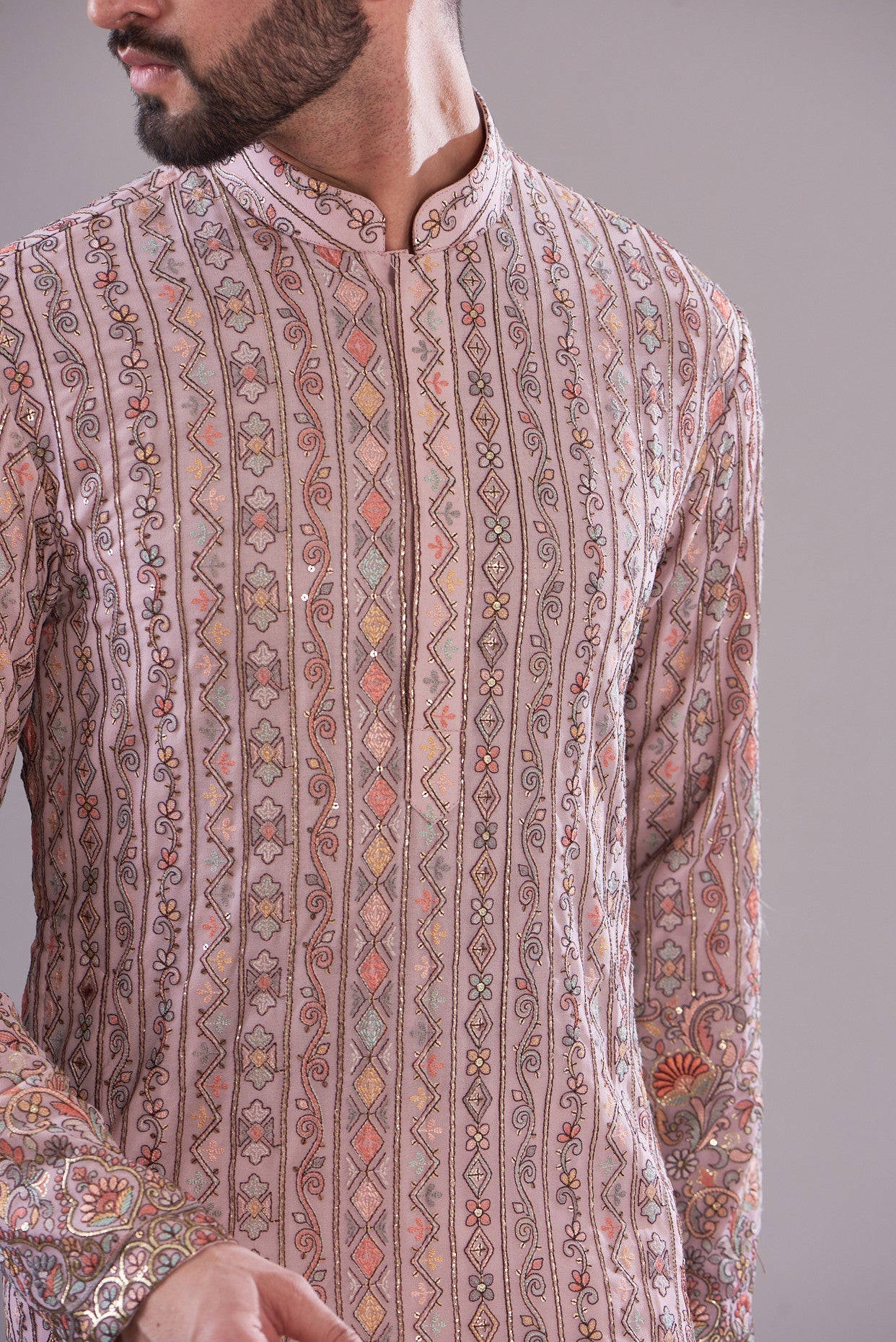 Mud pink multi thread work kurta - kasbahmen