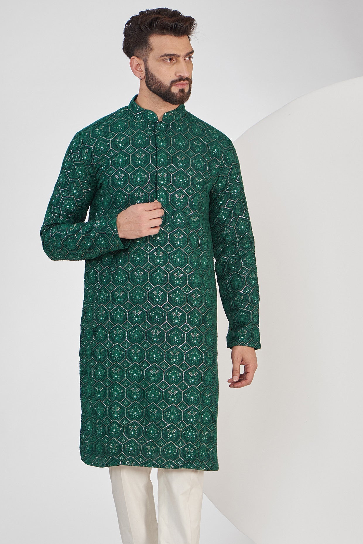 Bottle Green Chikankari Kurta - kasbahmen