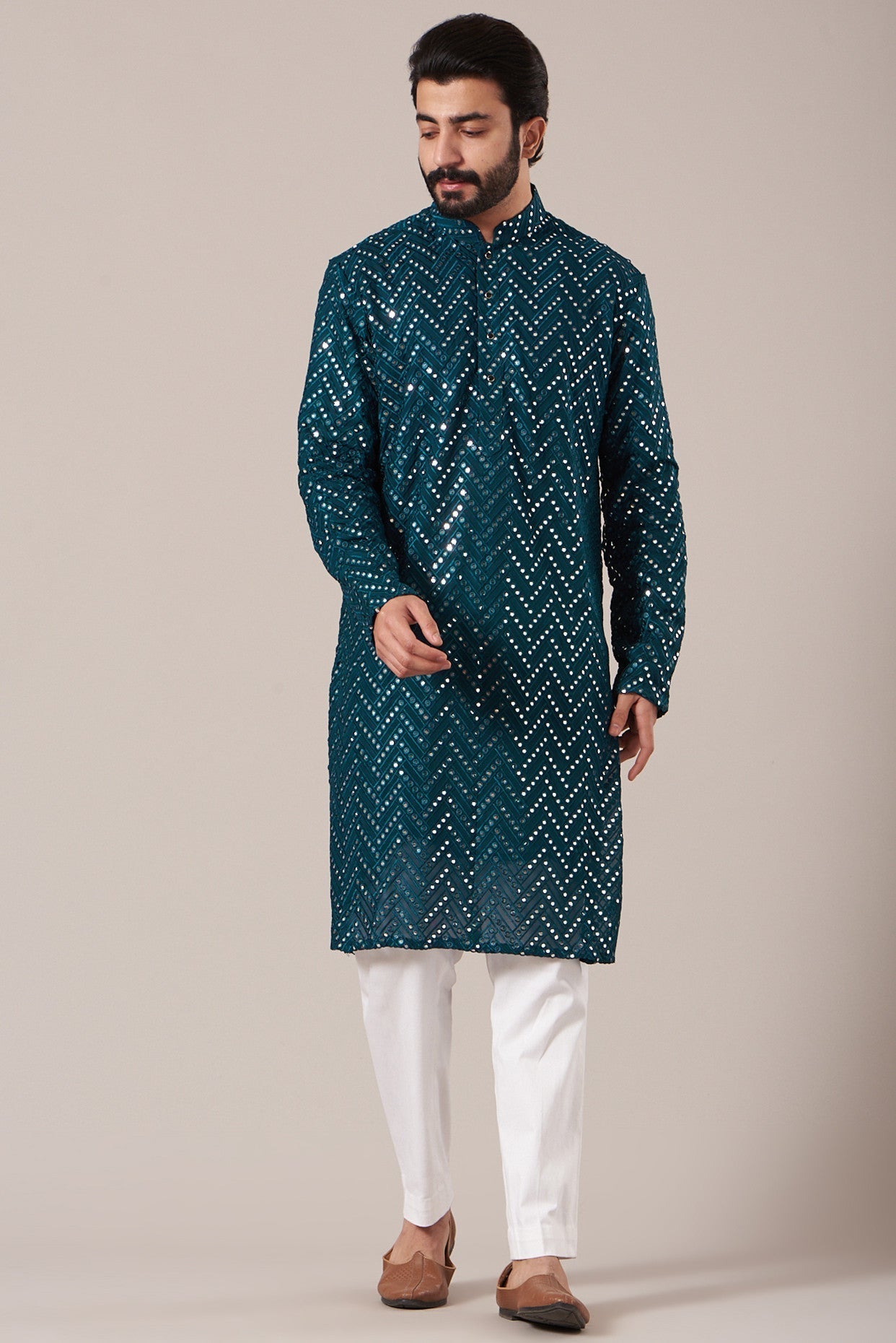 Blue Kurta With Mirror Work - kasbahmen