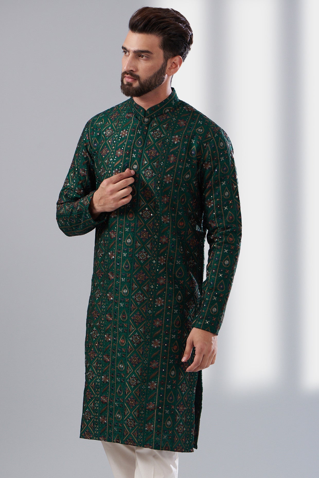 Bottle green multi thread work kurta - kasbahmen