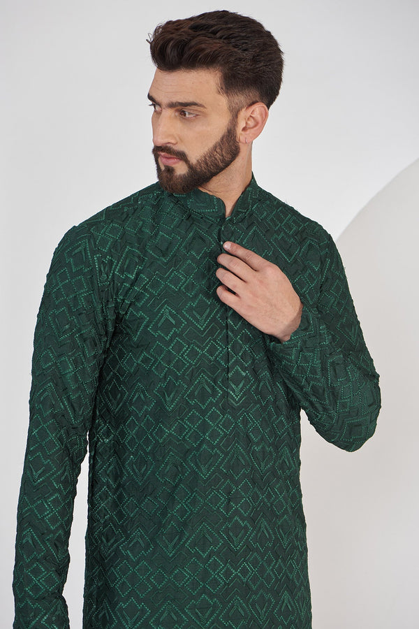 Bottle Green Geometrically Embroidered Kurta