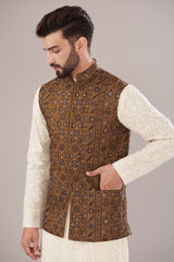 Mustard Silk Embroidered Nehru Jacket - kasbahmen