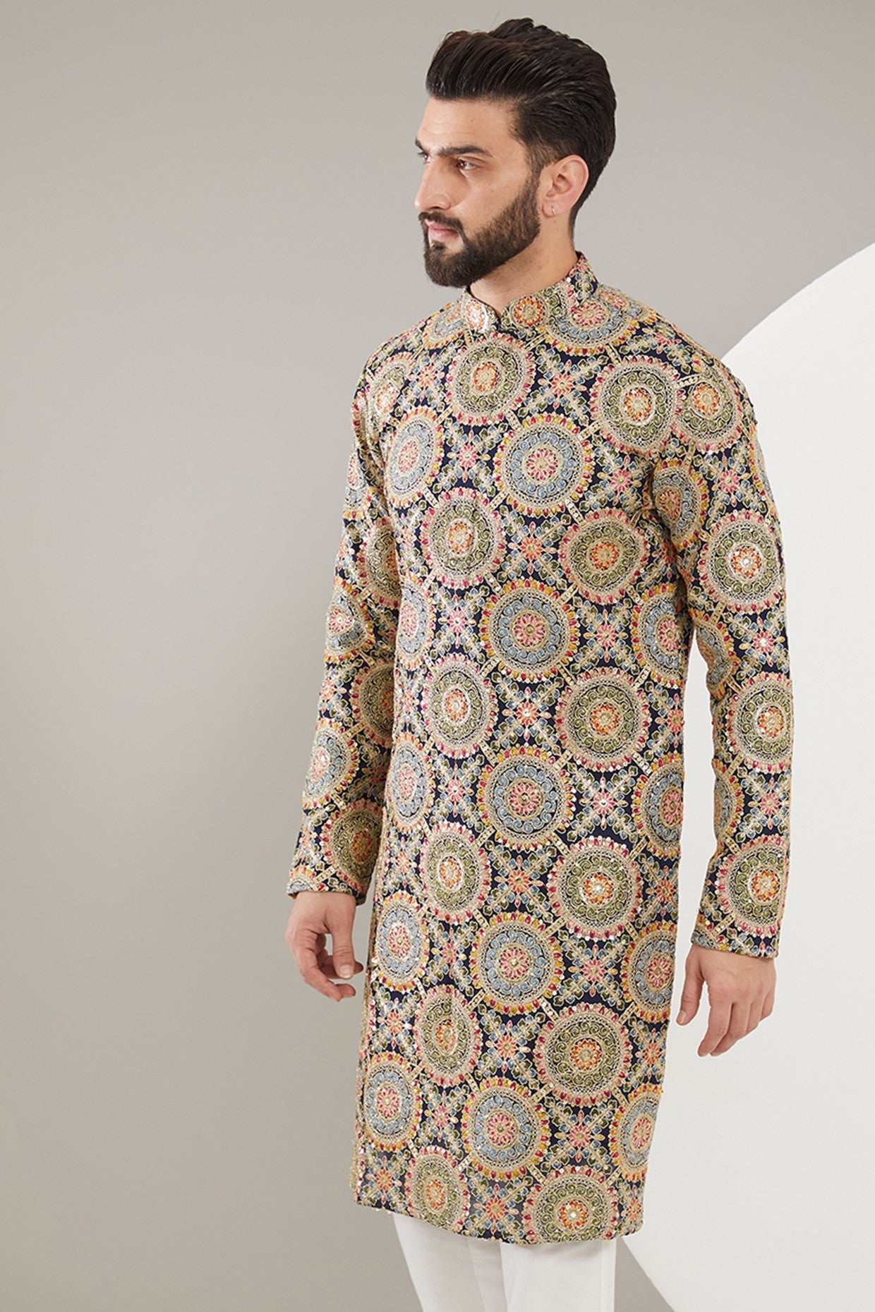 navy blue embrodried kurta with heavy multi thread & zari work - kasbahmen