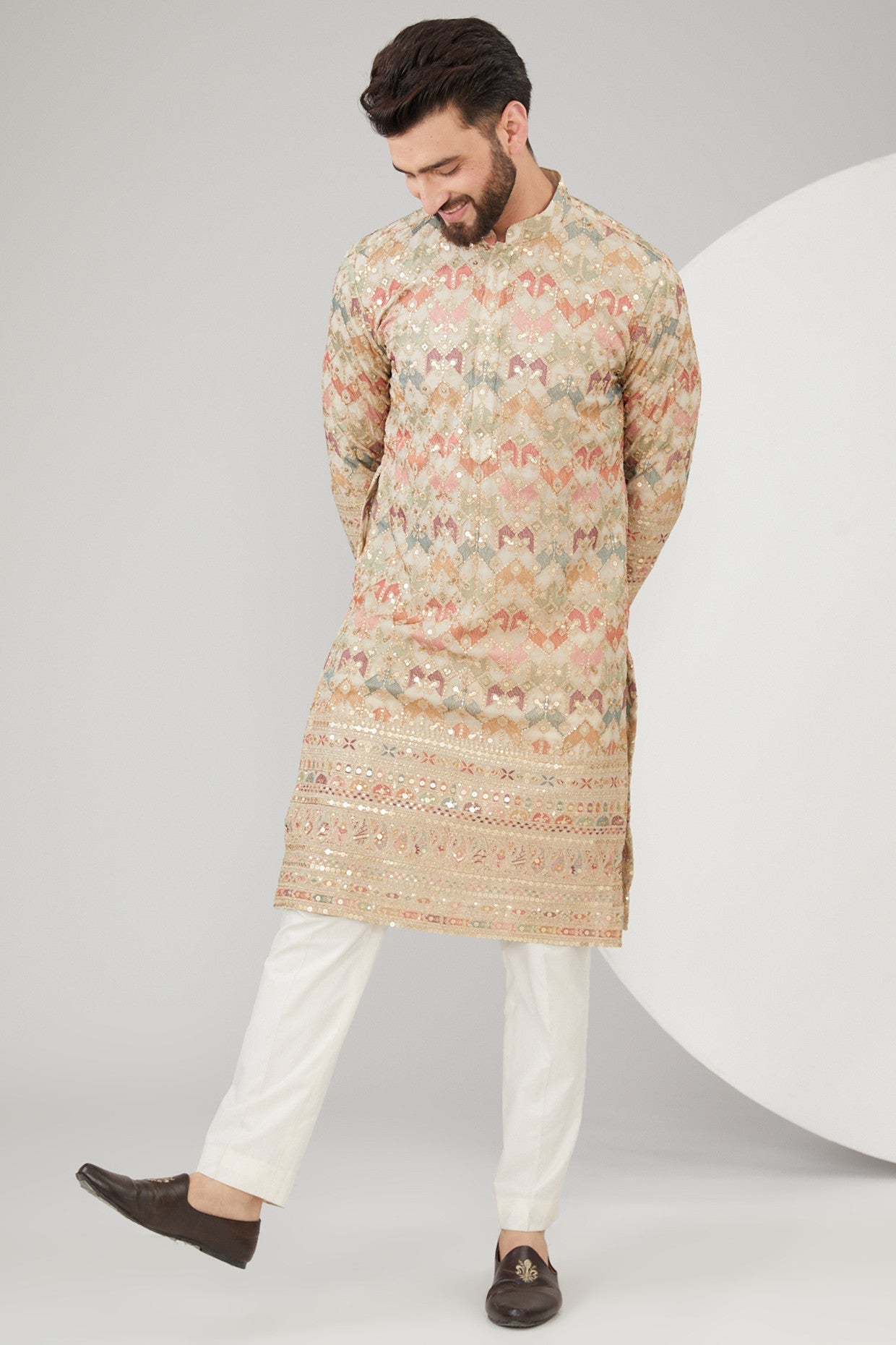 Beige Georgette Sequins Embroidered Kurta - kasbahmen