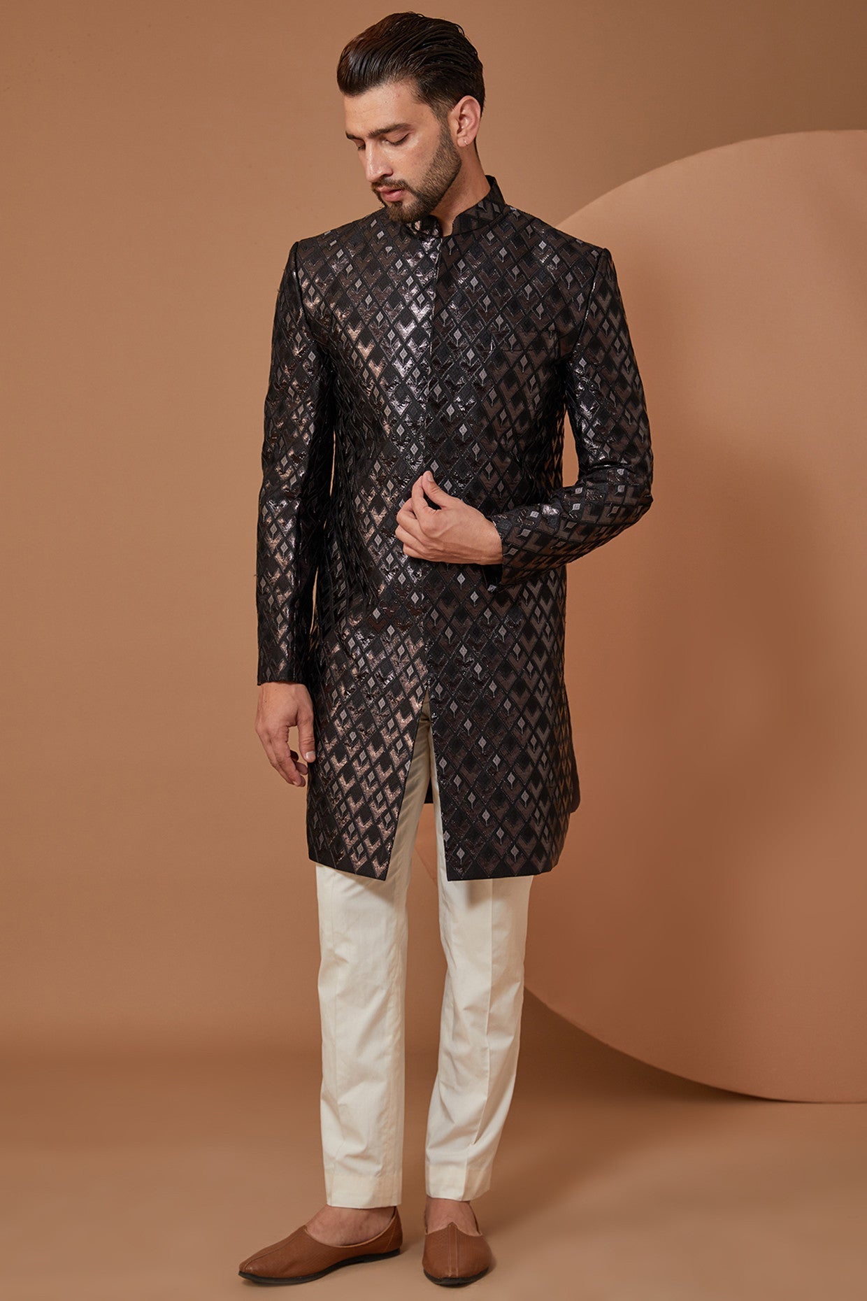 Bold and Refined Black Leather-cut Indowestern - kasbahmen