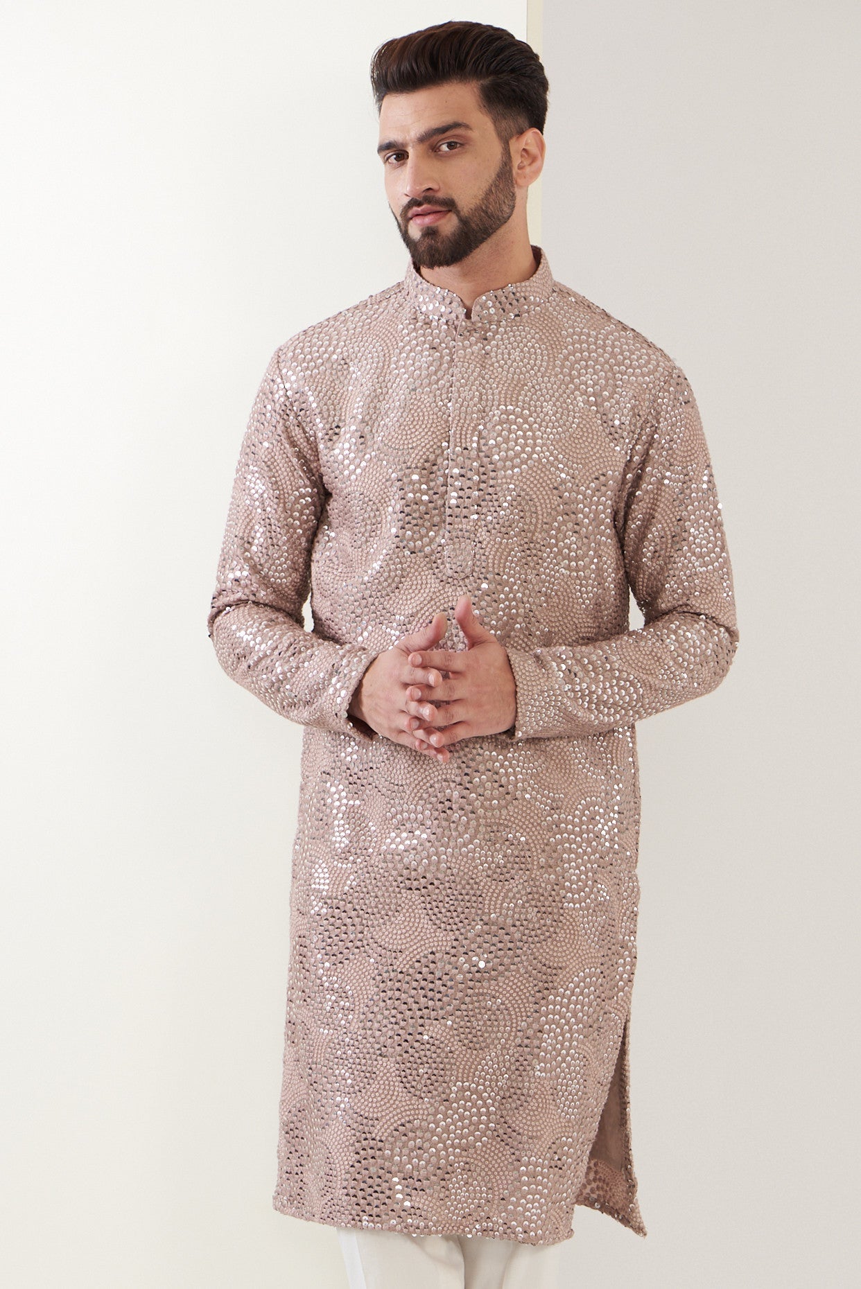 Mud pink sequenced kurta with detailed thread work - kasbahmen