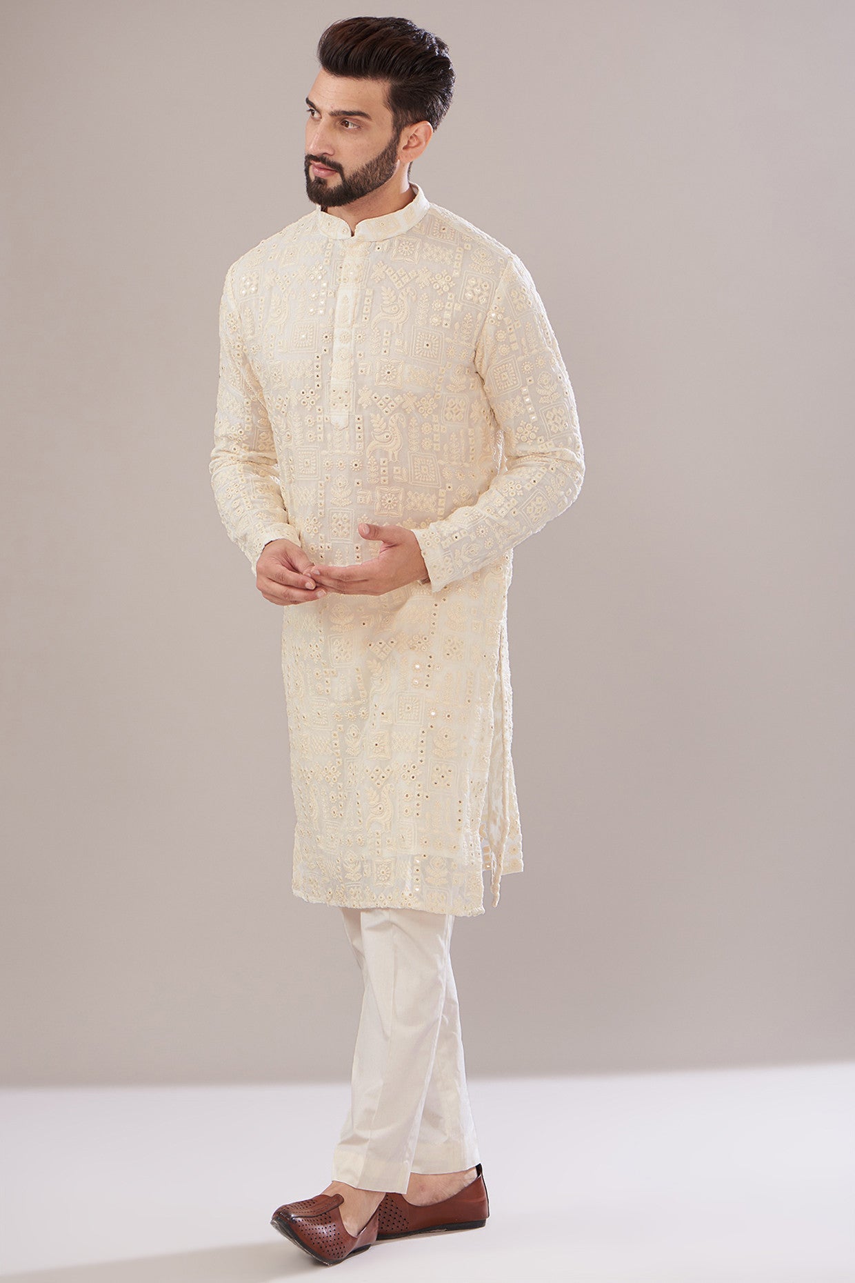 White Georgette Embroidered Kurta - kasbahmen