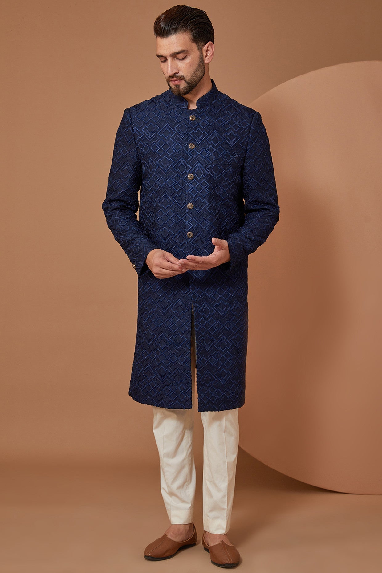 Blue Threadwork Indowestern Sherwani - kasbahmen