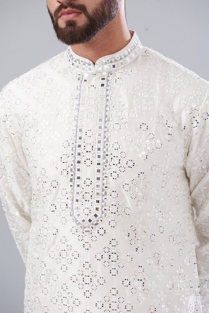 Off white mirror work kurta with hand embroidery - kasbahmen