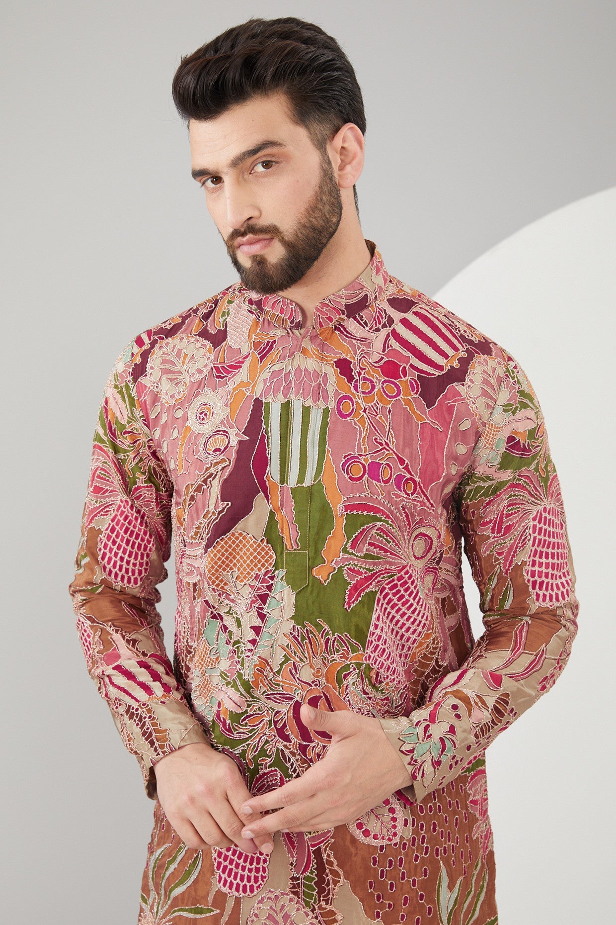 Multi-Colored Slub Silk Abstract Embroidered Kurta - kasbahmen