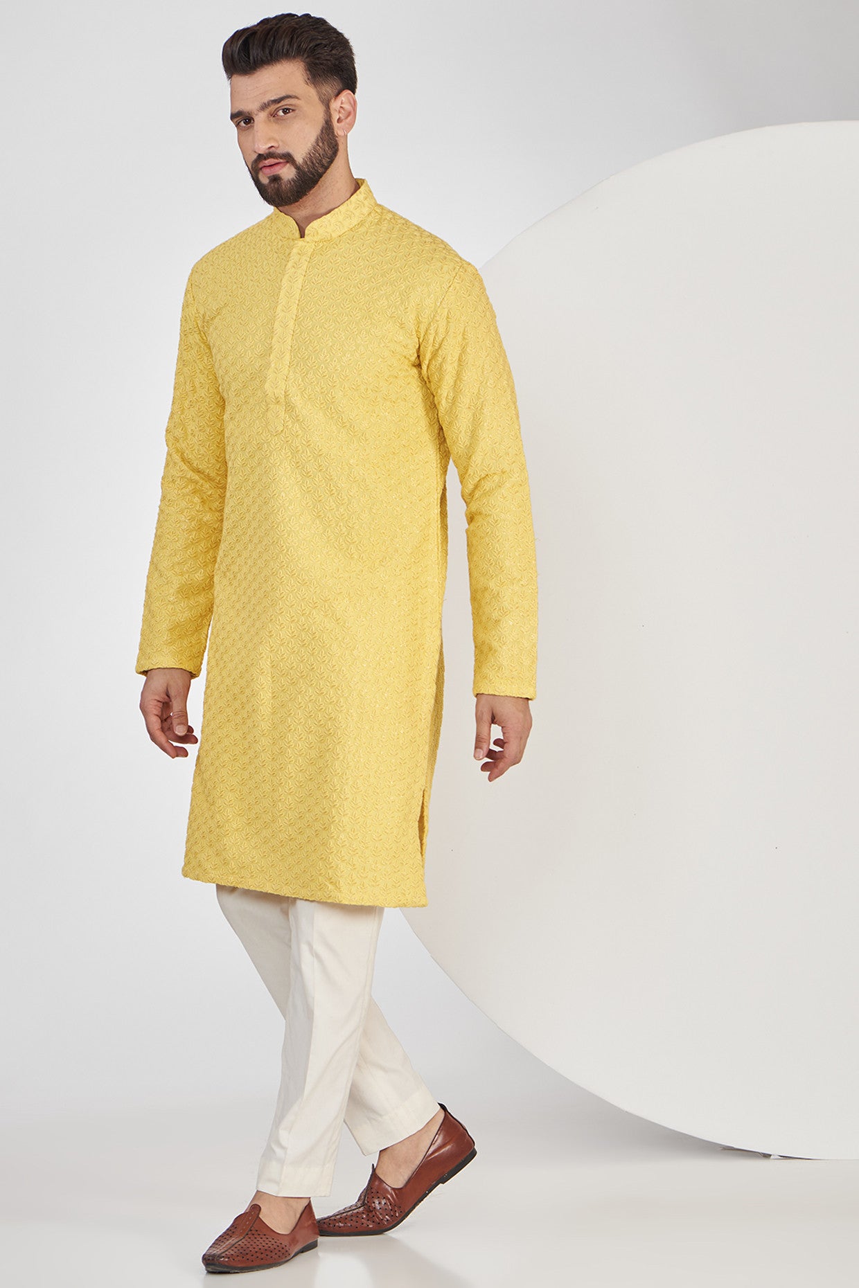 Yellow Chikankari Kurta with Intricate Threadwork - kasbahmen