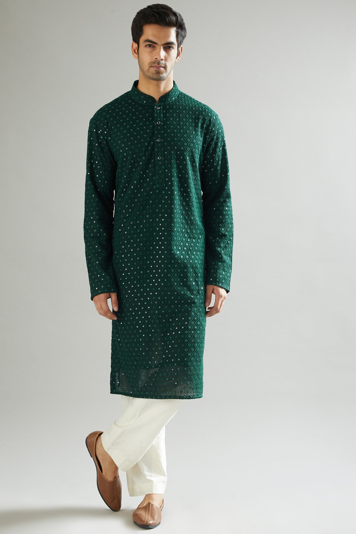 Bottle Green Embroidered Kurta - kasbahmen