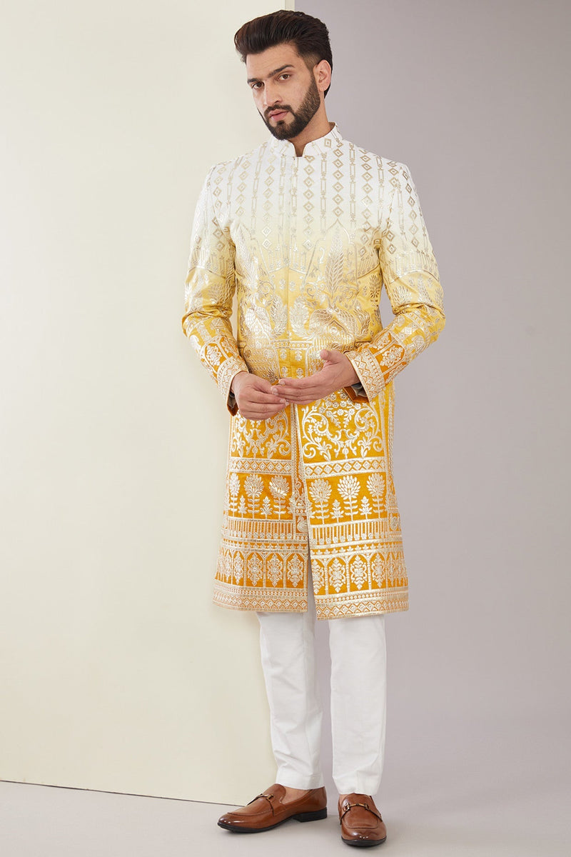 Yellow Ombre Sherwani with traditional floral motifs embroidered chrome Applique - kasbahmen