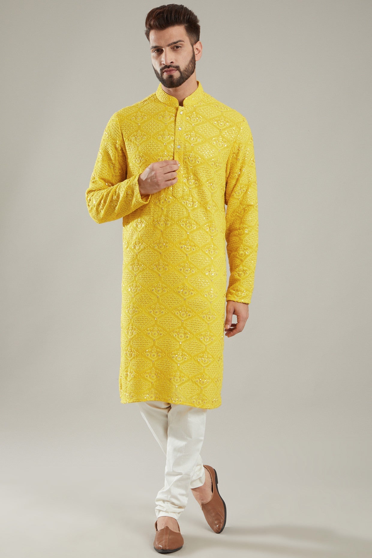 Yellow Georgette Embroidered Kurta - kasbahmen