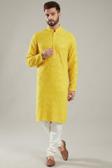 Yellow Georgette Embroidered Kurta