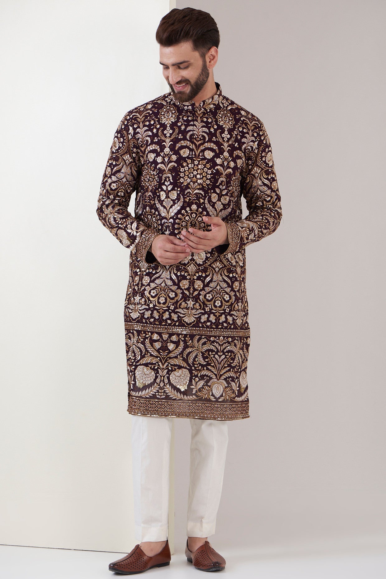 Wine Embroidered Kurta - kasbahmen