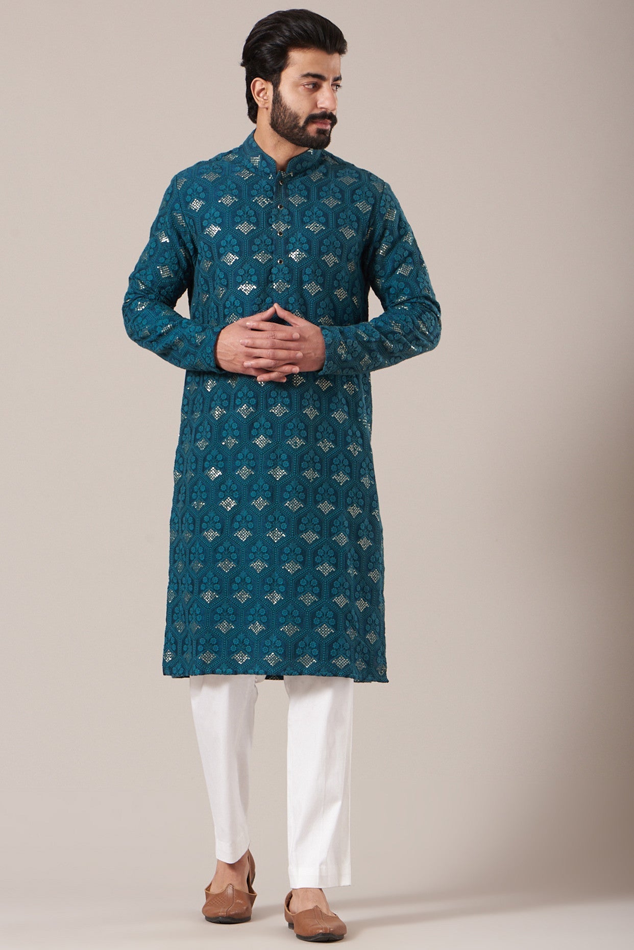 Teal Embroidered Kurta - kasbahmen