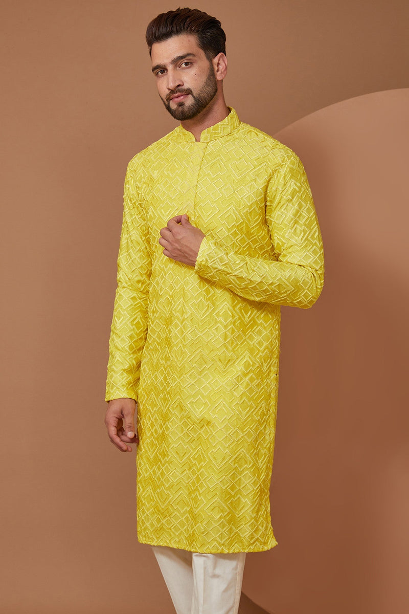 Bright Yellow Chikankari Kurta - kasbahmen