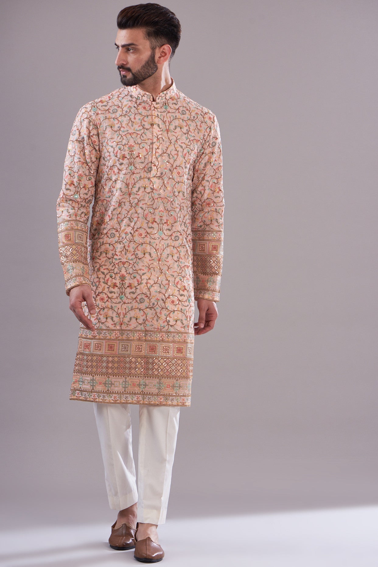 Peach multi embroidered kurta with detailed border - kasbahmen