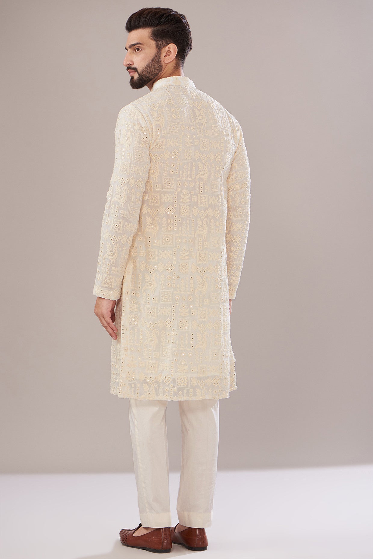 White Georgette Embroidered Kurta - kasbahmen