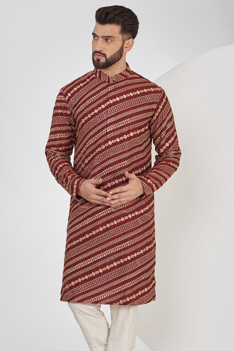 Maroon Embroidered Kurta with Intricate Zari work - kasbahmen