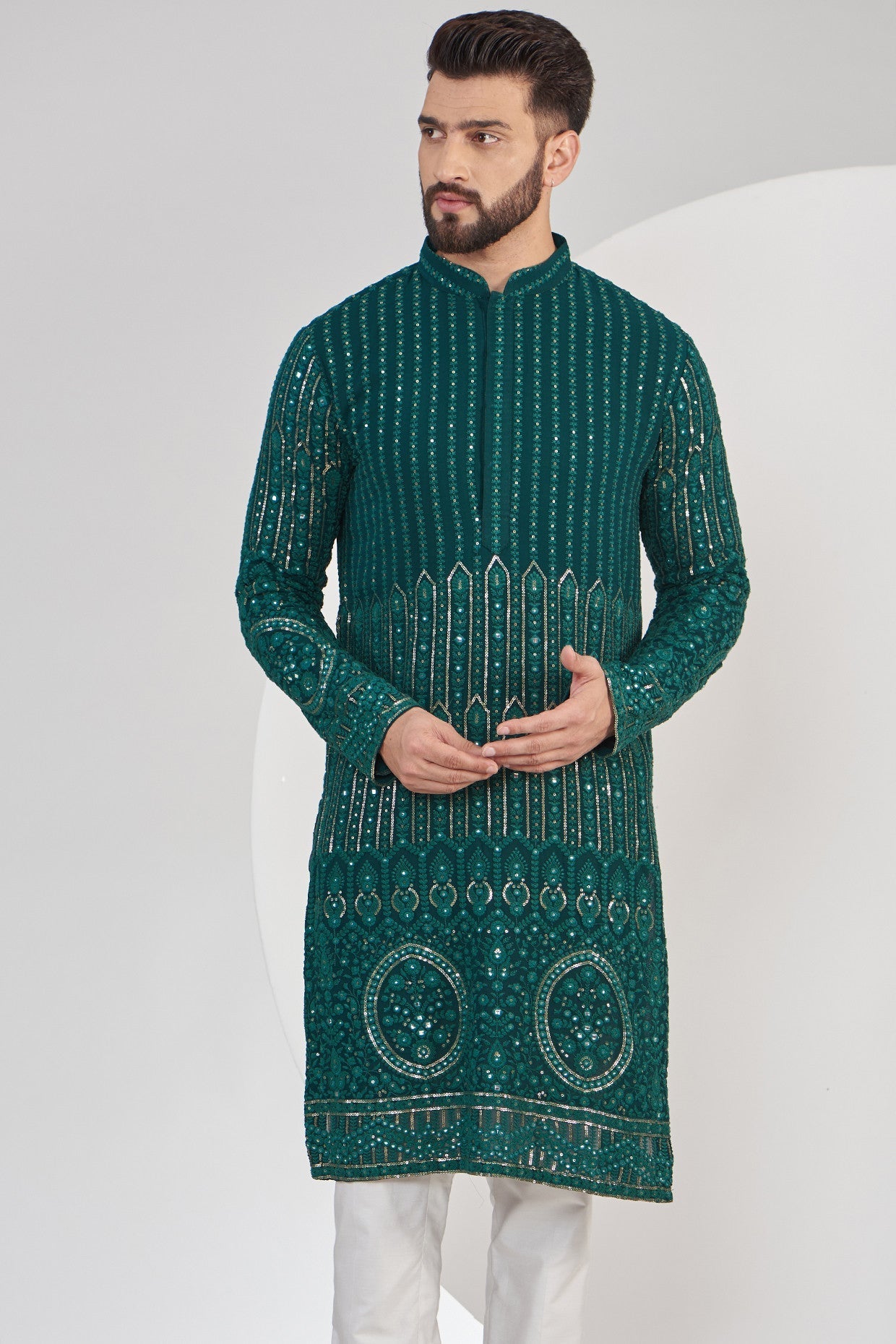 Bottle Green Chikankari Kurta with intricate border embroidery - kasbahmen