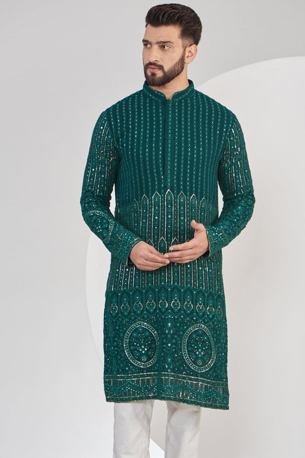 Bottle Green Chikankari Kurta with intricate border embroidery