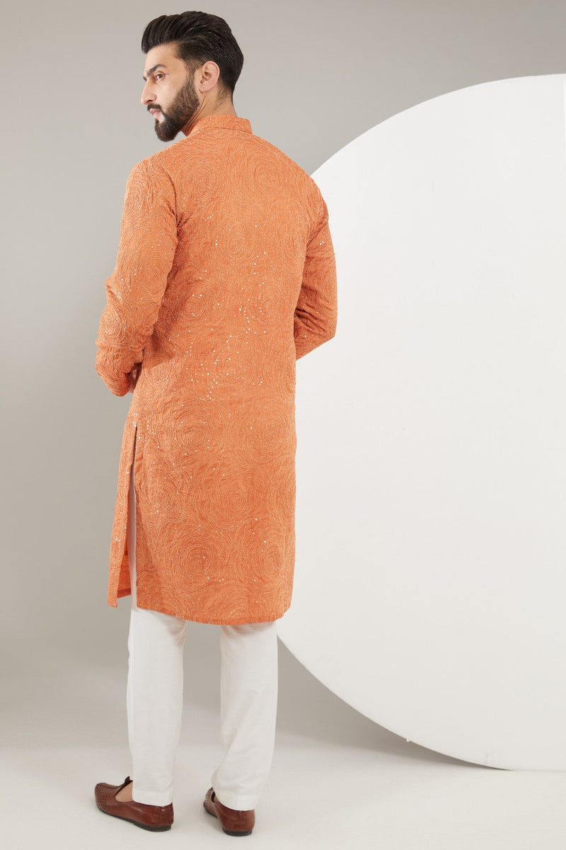 Rust Orange Floral Embroidered Kurta - kasbahmen