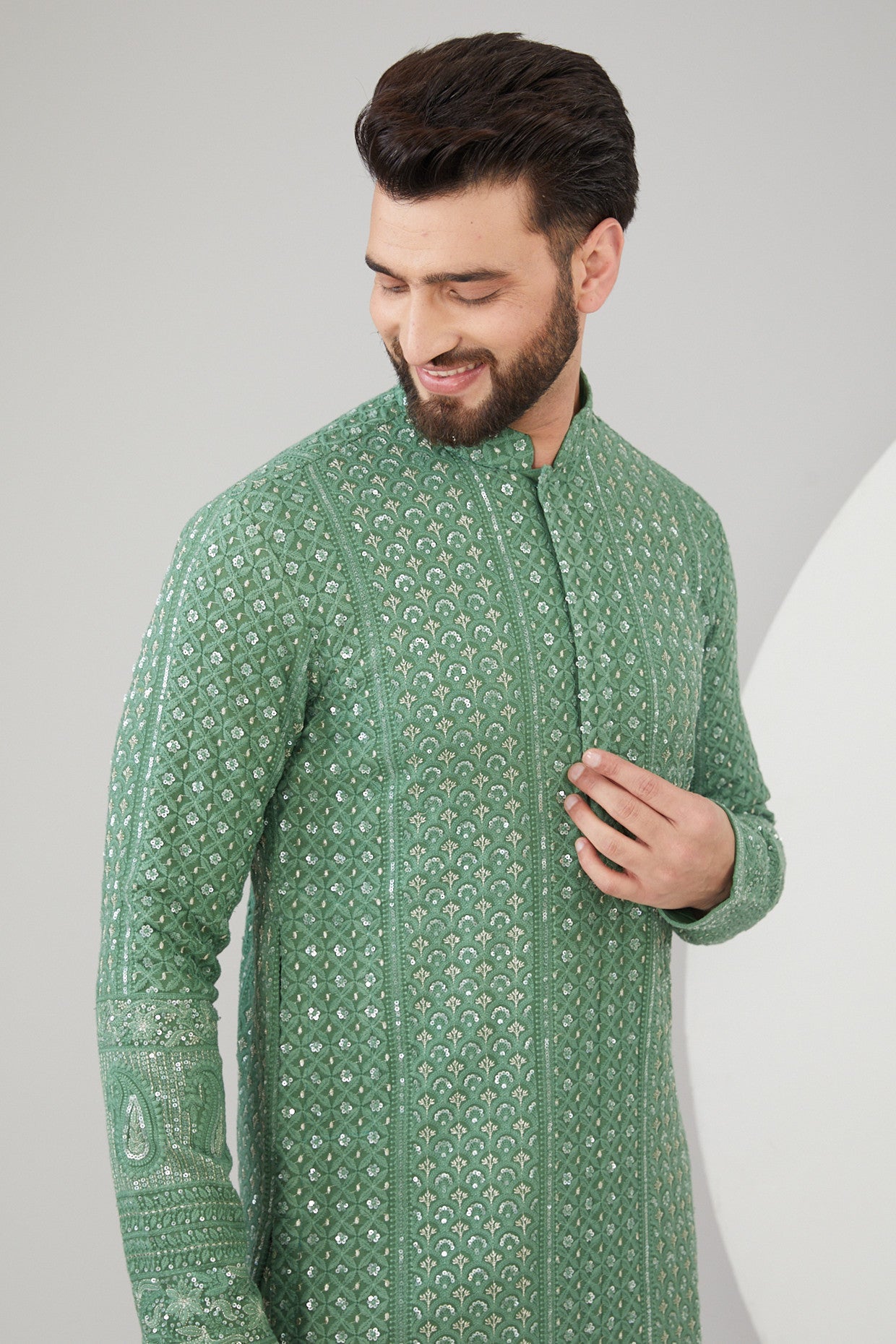 English Mint Green Georgette Thread Embroidered Chikankari Kurta - kasbahmen