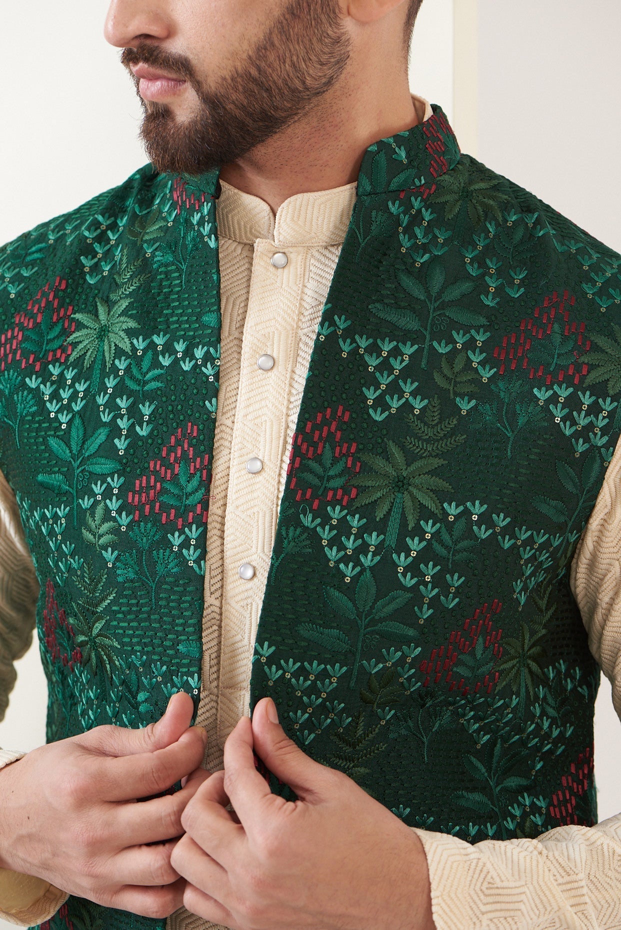 Bottle Green Embroidred Long jacket - kasbahmen