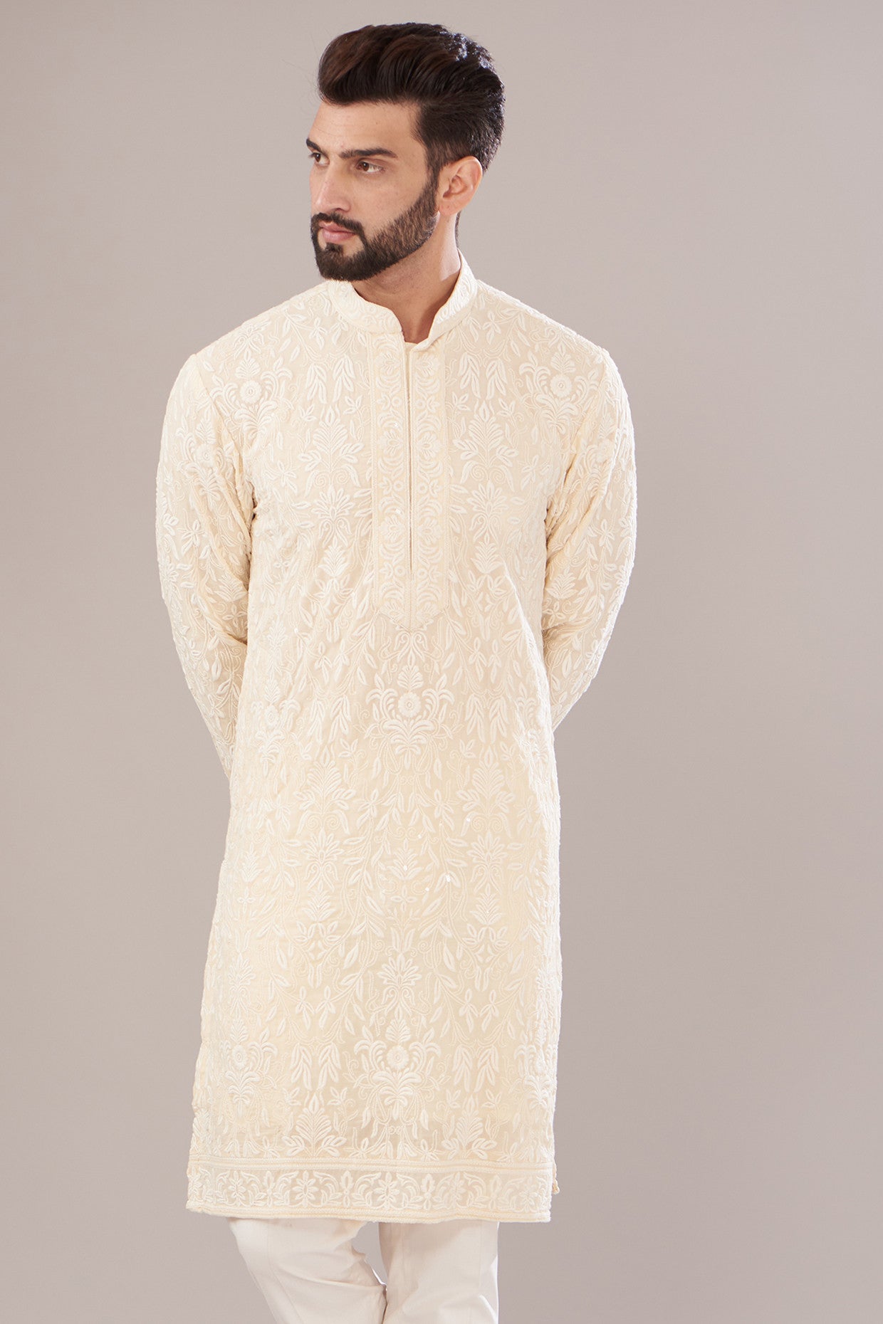 Ivory Georgette Embroidered Kurta - kasbahmen