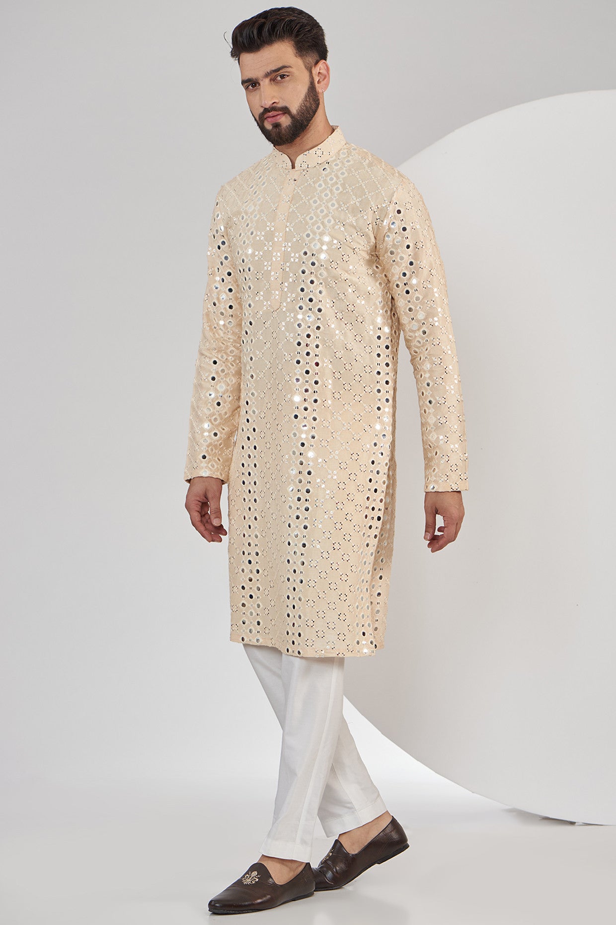 Light Beige Mirrorwork Kurta - kasbahmen