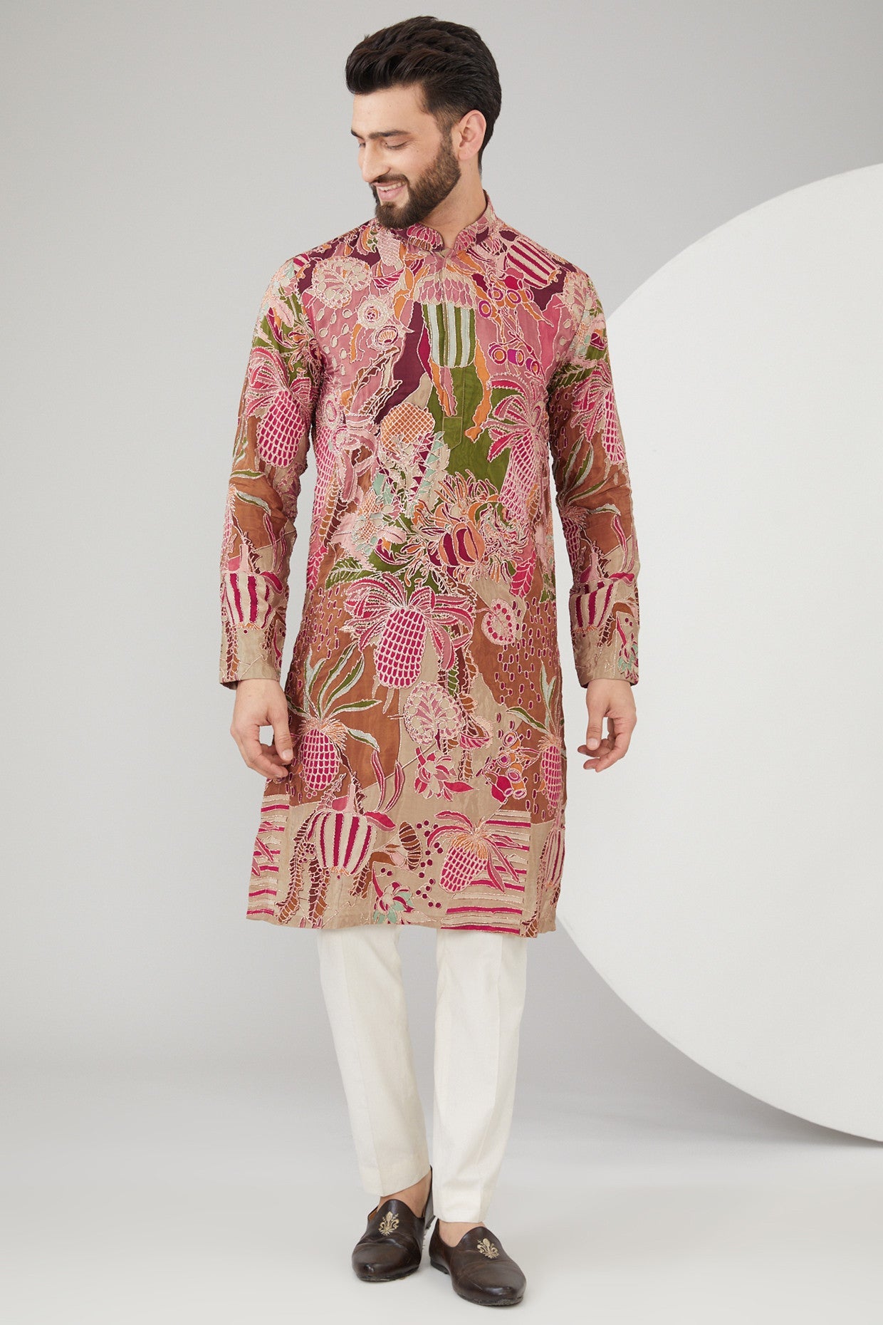 Multi-Colored Slub Silk Abstract Embroidered Kurta - kasbahmen