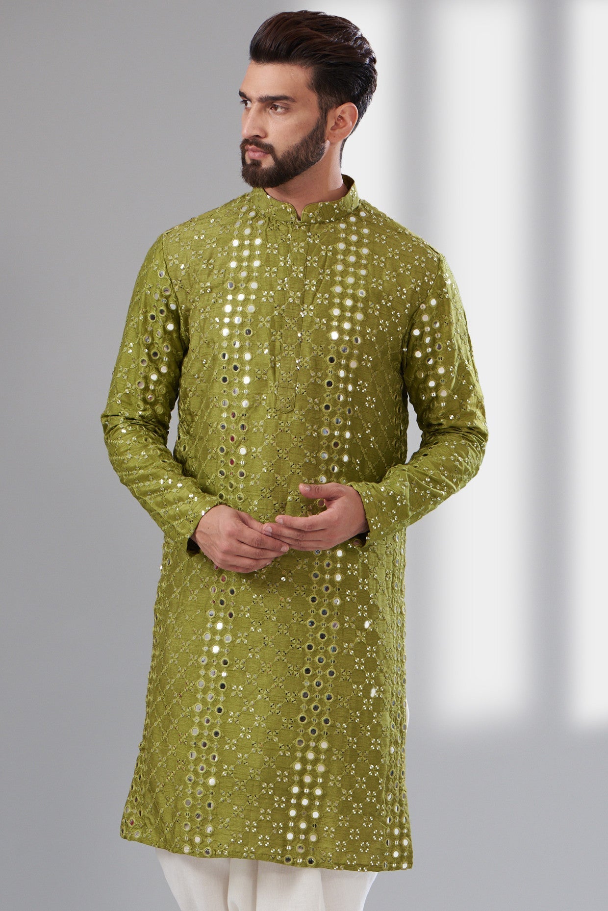 Signature mehndi green mirror work kurta - kasbahmen