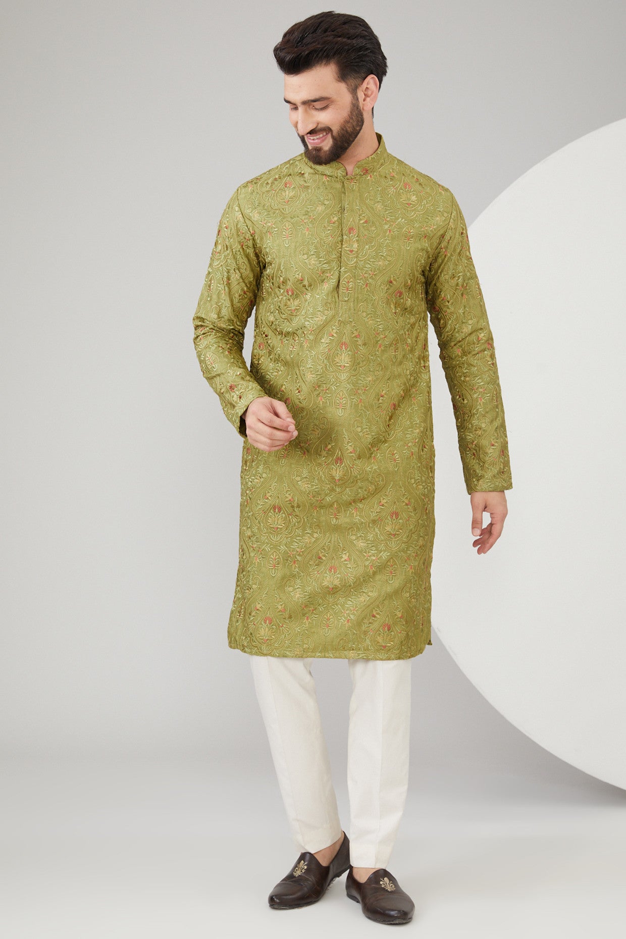 Mehendi Green Silk Kashmiri Embroidered Kurta - kasbahmen