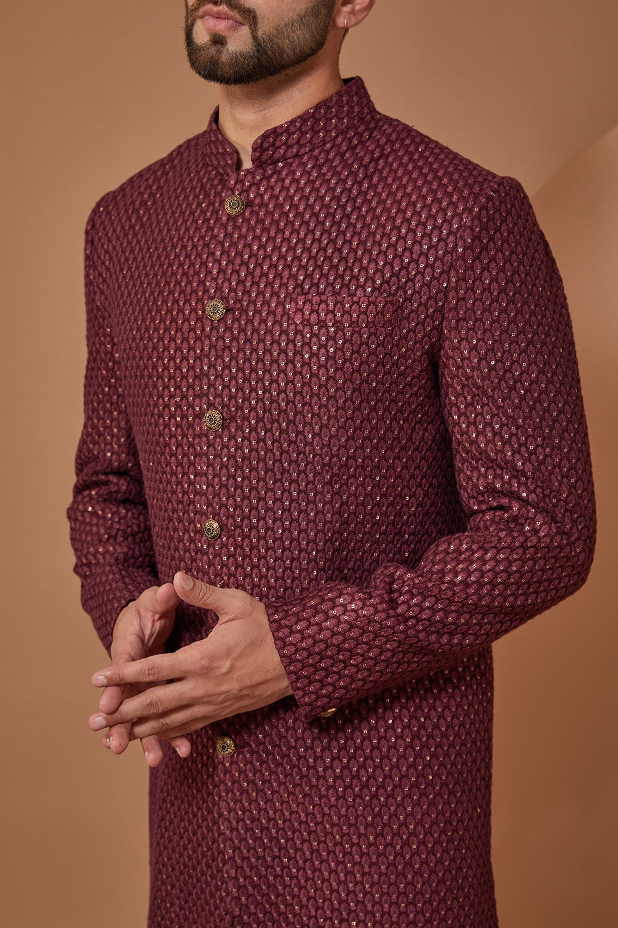 Maroon Wine Threadwork Sherwani - kasbahmen