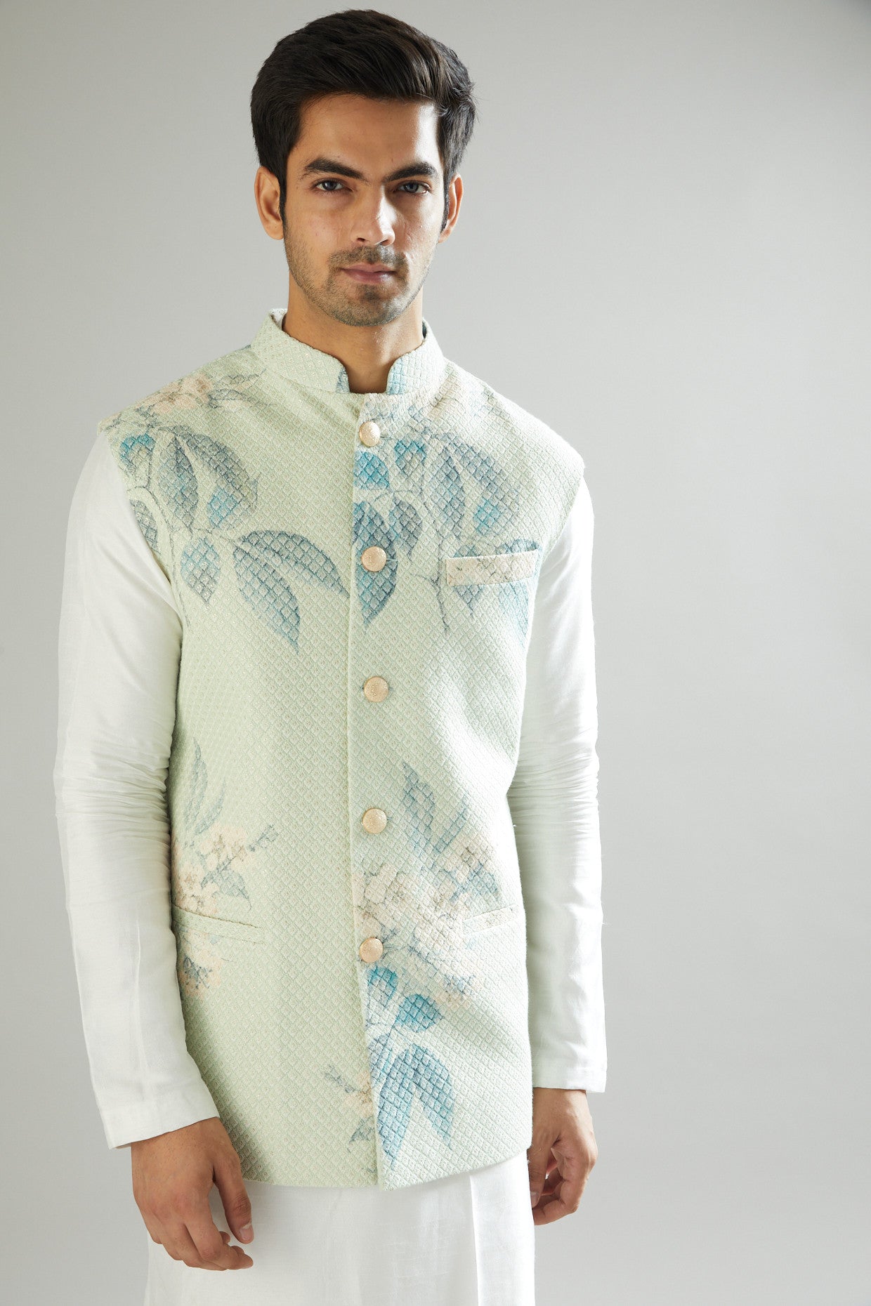 Mint Green Floral Embroidered Nehru Jacket - kasbahmen