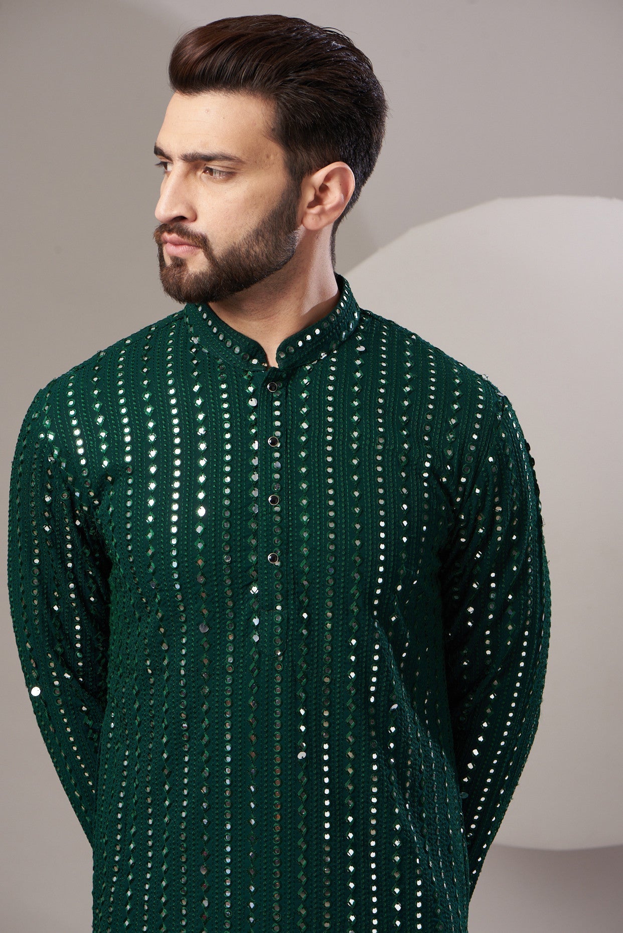 Formal bottle green mirror work kurta - kasbahmen