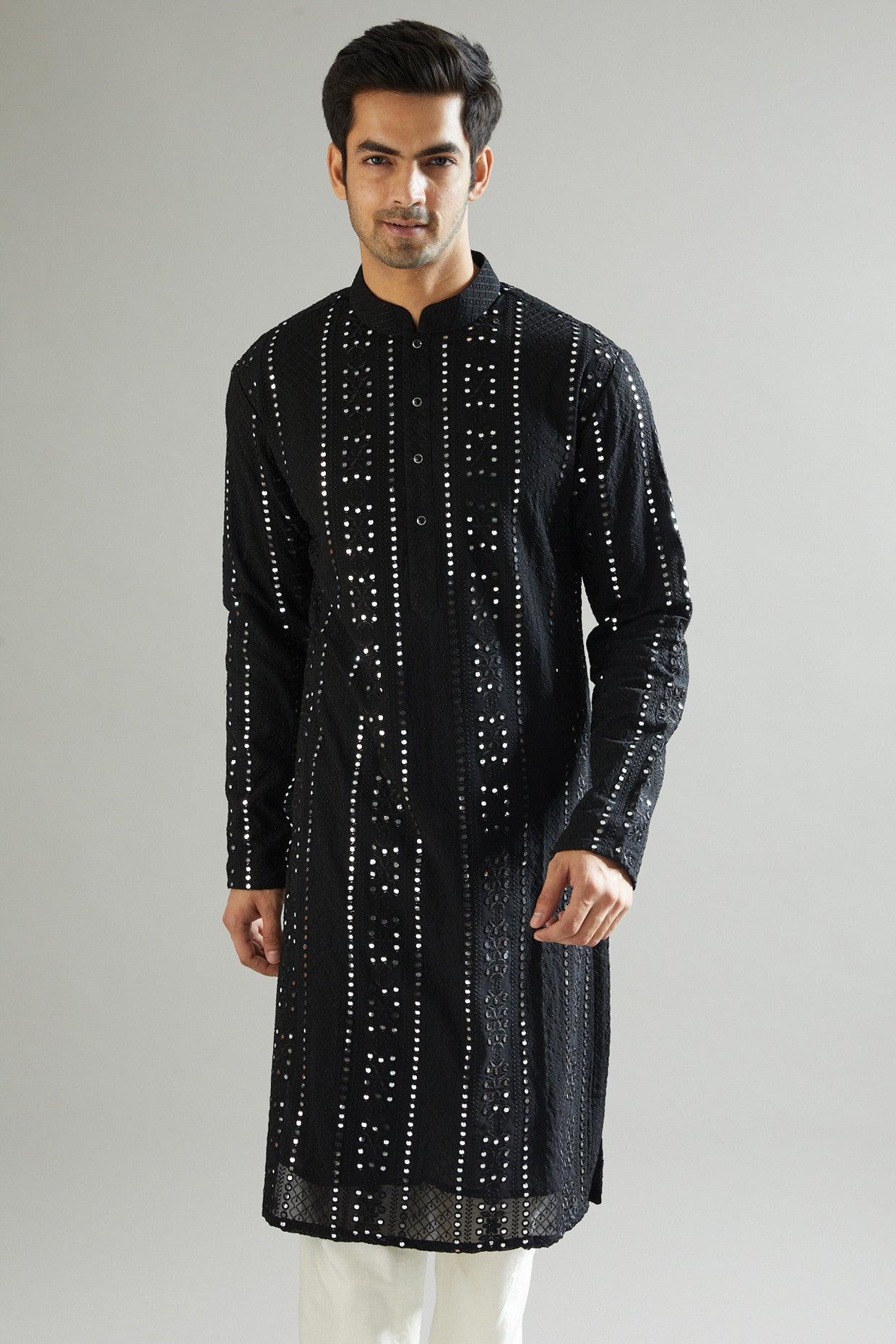 Black Mirror & Thread Embroidered Kurta - kasbahmen