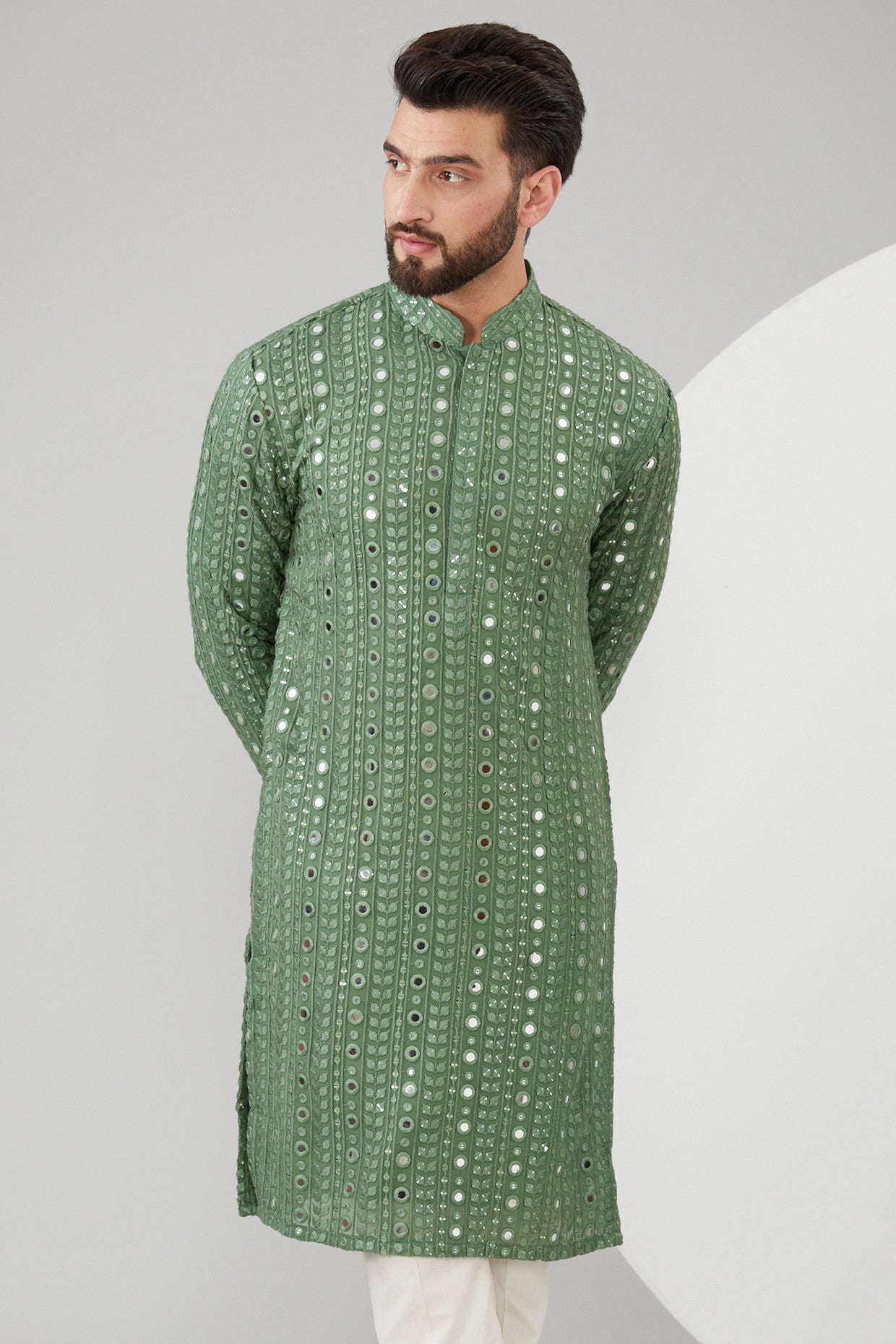 Mint Green Georgette Mirror Work Kurta - kasbahmen