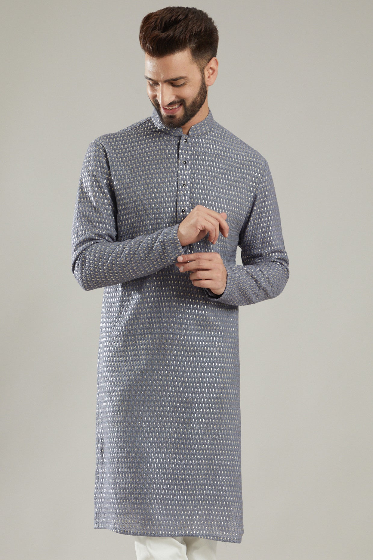 Grey Chanderi Embroidered Kurta - kasbahmen