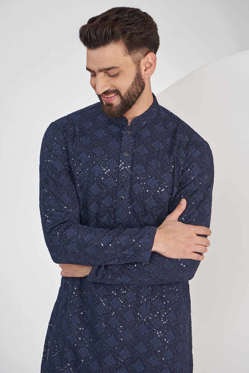 Navy Blue Chikankari Kurta - kasbahmen