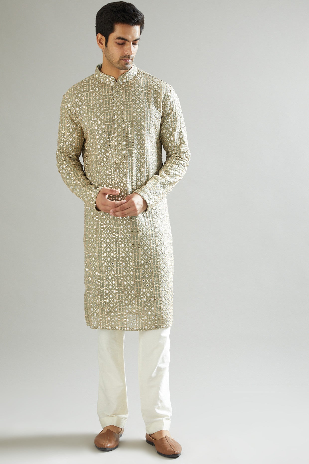 Mint Green Mirror & Zari Embroidered Kurta - kasbahmen