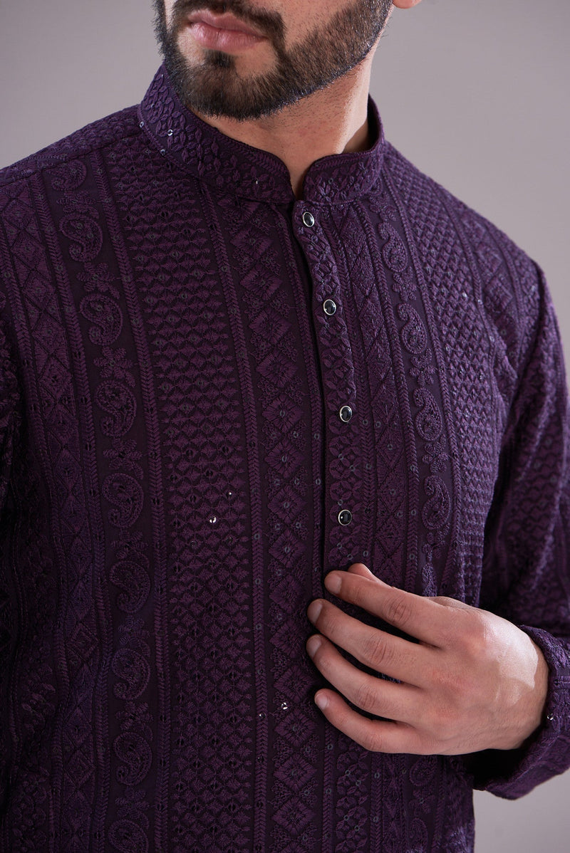 Wine chikankari kurta