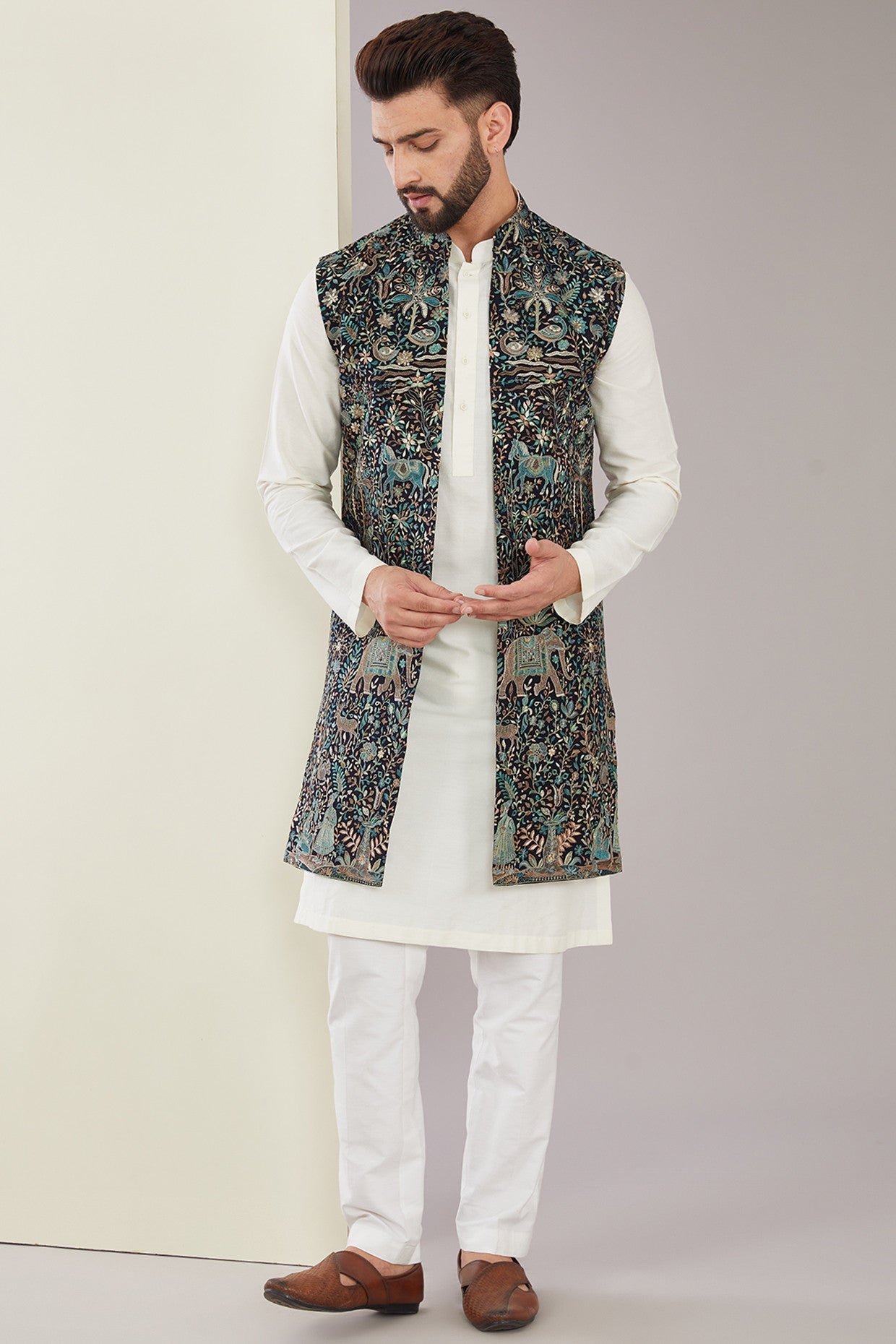 Kashmiri Embroidered Long Open Shrug - kasbahmen