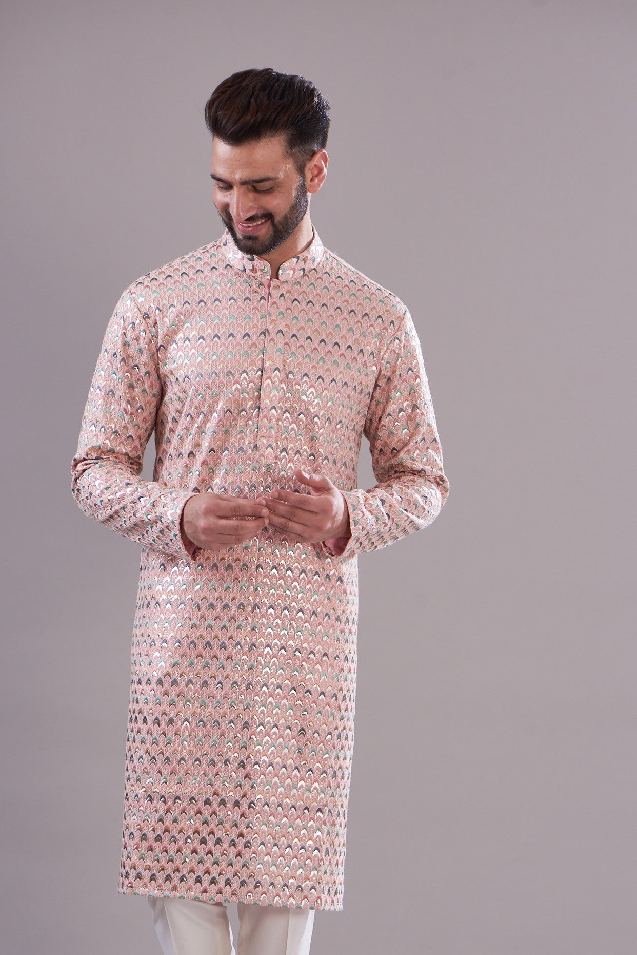 Pink multi thread work kurta - kasbahmen