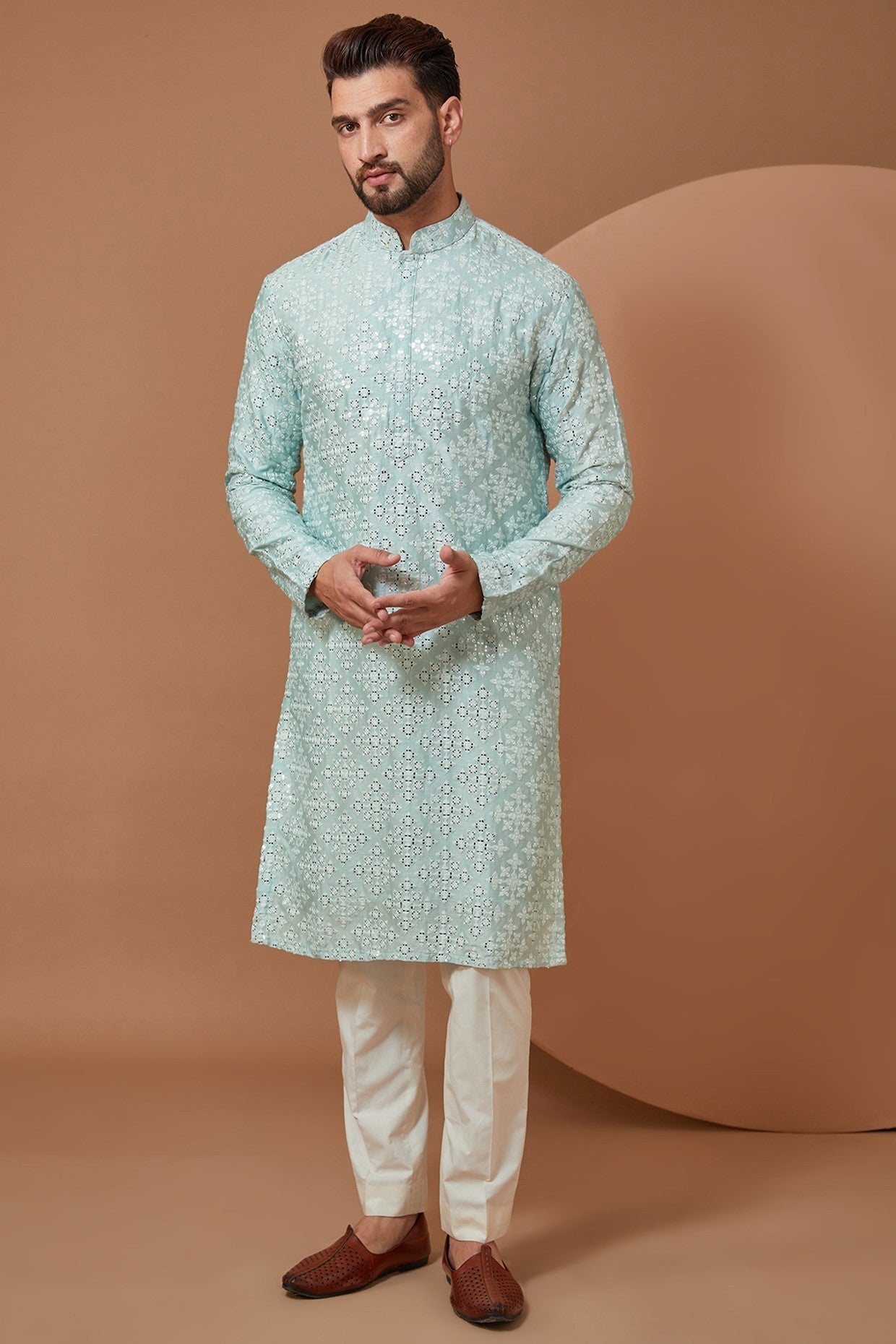 Ice Blue Mirrorwork Kurta - kasbahmen